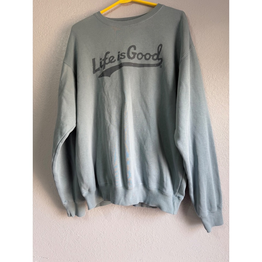 Life is Good Mens Crewneck Sweatshirt Blue Green Logo Fleece Pullover Medium